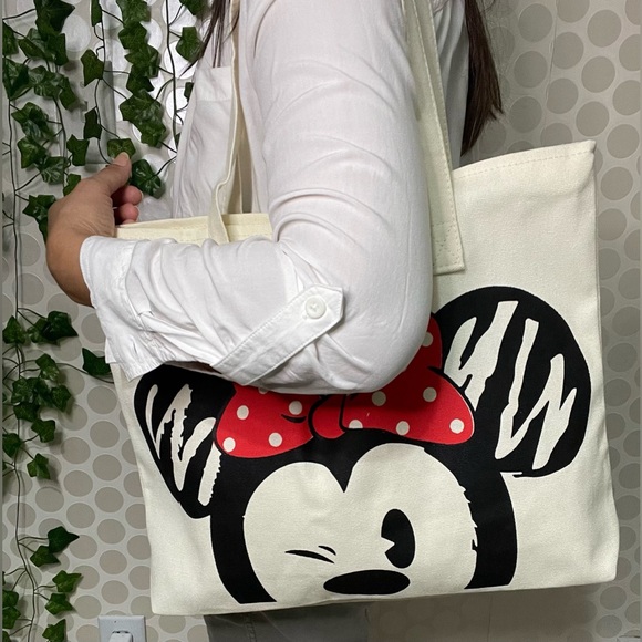 NWT Women's Minnie Mouse Tote Bag, Canvas. White Print, 16 x 12 inches. - Picture 1 of 16